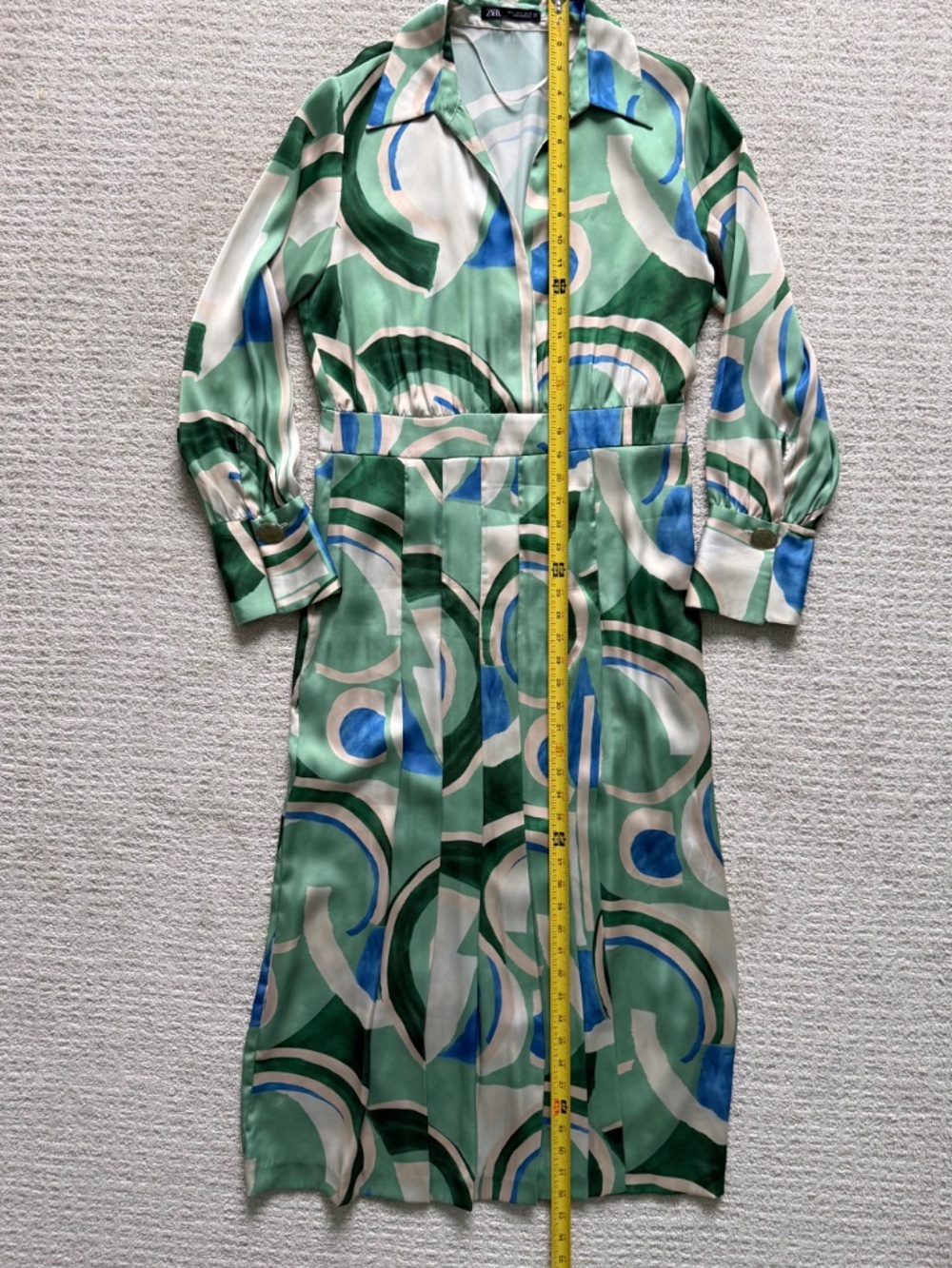 ZARA | Abstract Geometric Print Green, Cream & Blue Pleated Shirt Dress Sz L - Picture 6 of 10